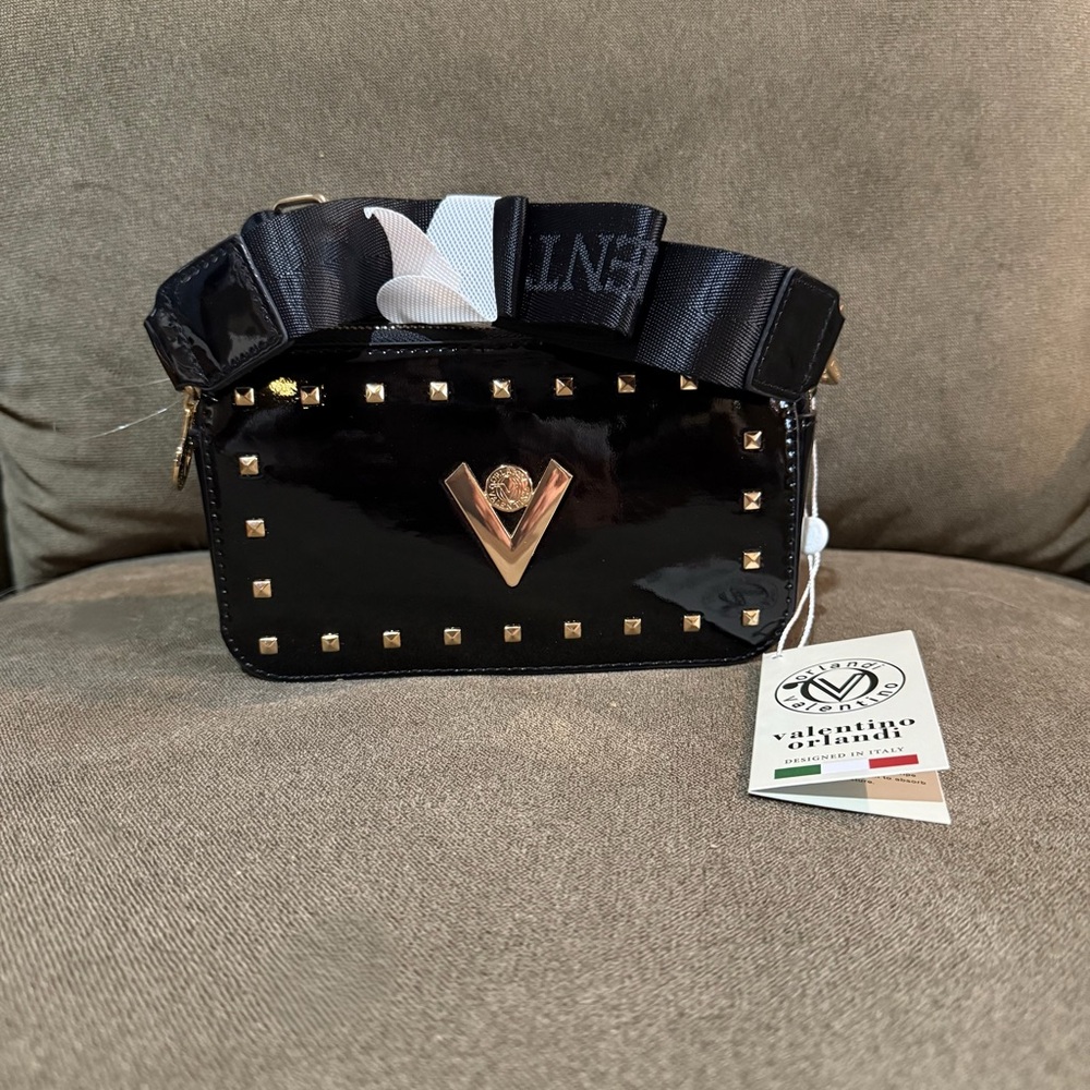 Valentino Orlando Black patent vegan leather Gold Studded Crossbody Bag. Trendy